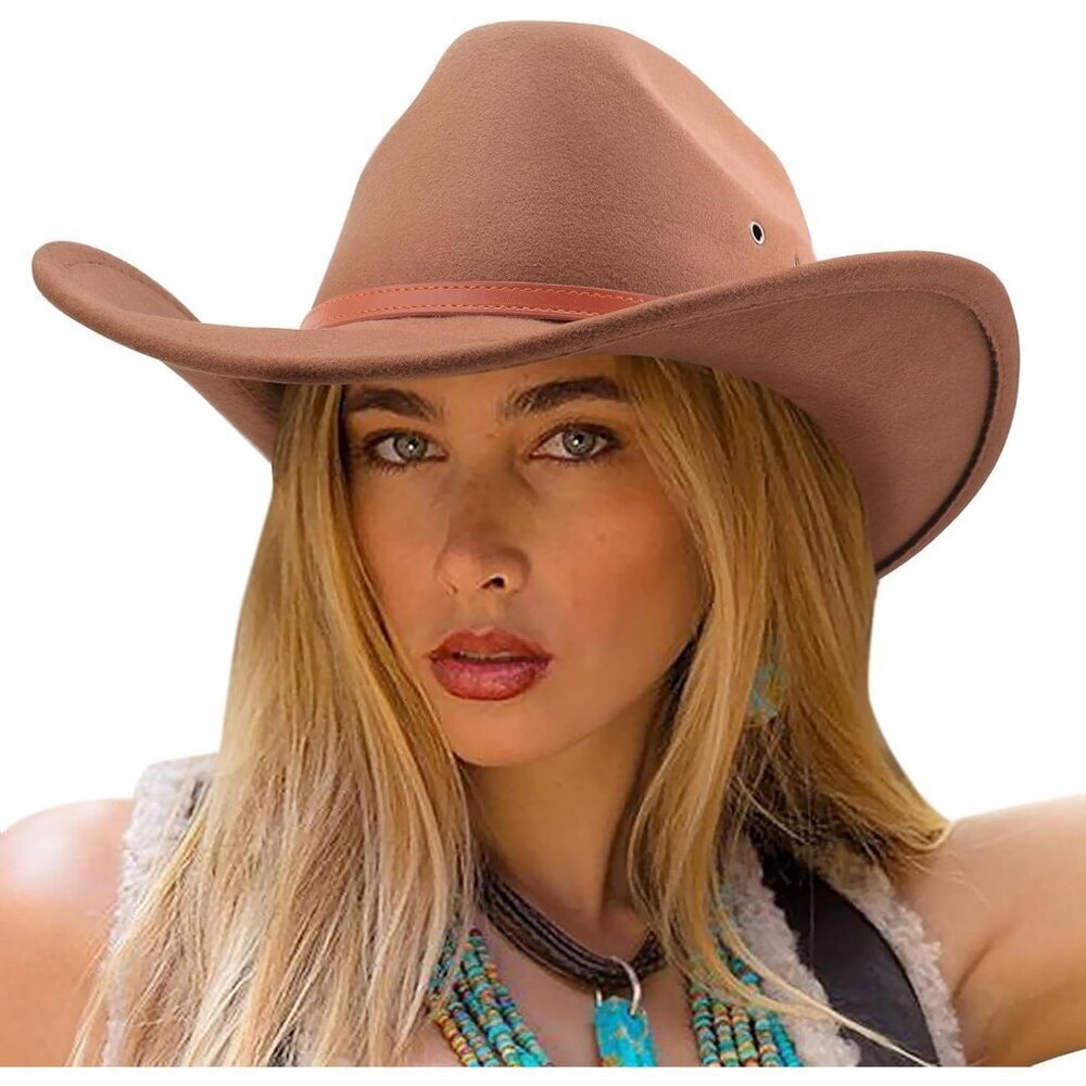 Women's Camel Western With Leather Band Buckle Classic Fedora Cowboy Felt Hat
